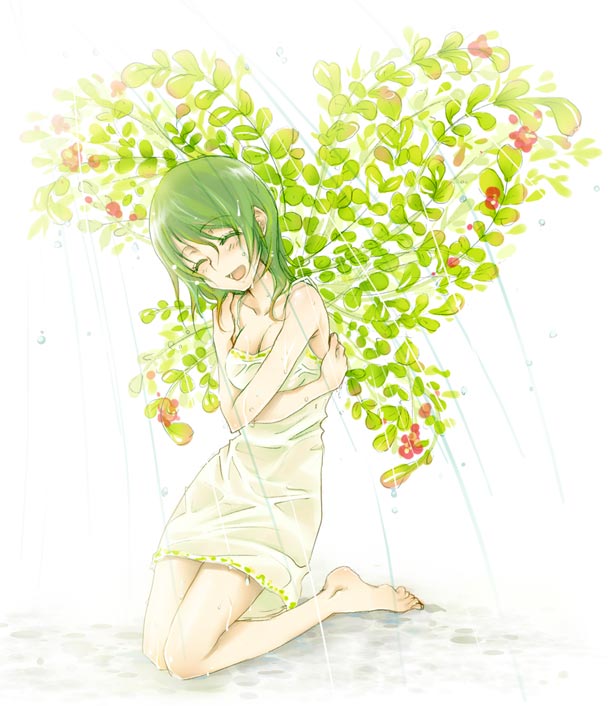 1girl, barefoot, closed_eyes, fairy, green_hair, happy, original, plant_girl