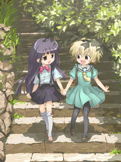 2girls, :d, bangs, black_hair, black_legwear, blonde_hair, blue_eyes, blue_hair, blunt_bangs, brown_hair, eye_contact, full_body, furude_rika, green_skirt, hairband, hand_holding, happy, higurashi_no_naku_koro_ni, hinata_nonoka, houjou_satoko, kneehighs, long_hair, looking_at_another, multiple_girls, nonoka, open_mouth, outdoors, pantyhose, park, school_uniform, serafuku, skirt, smile, stairs, sunlight, suspender_skirt, suspenders, very_long_hair, walking, white_legwear