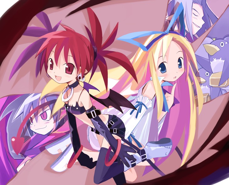 2boys, 2girls, chouniku, demon_girl, disgaea, etna, flonne, laharl