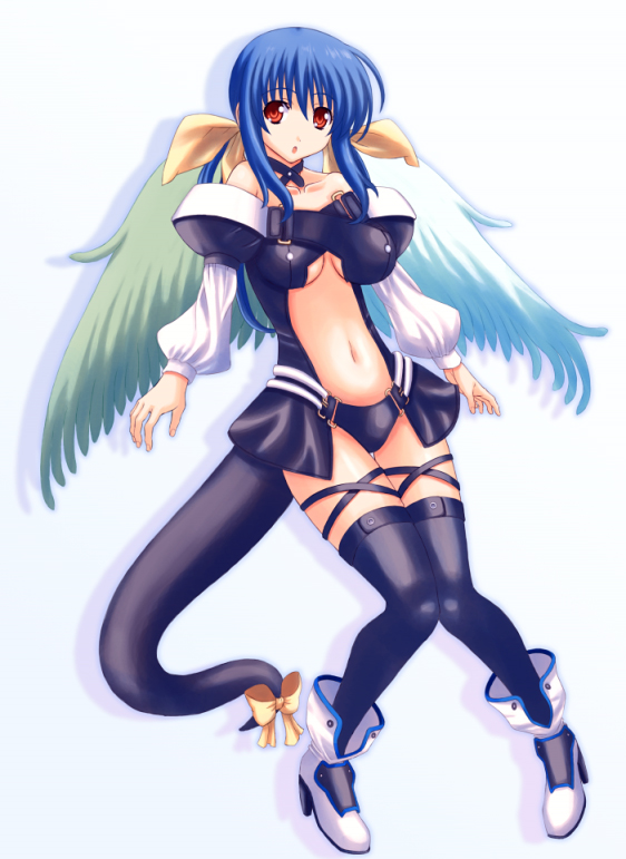 1girl, arc_system_works, asymmetrical_wings, bare_shoulders, blue_hair, dizzy, guilty_gear, jounoji, red_eyes, ribbon, solo, tail, tail_ribbon, thigh-highs, wings