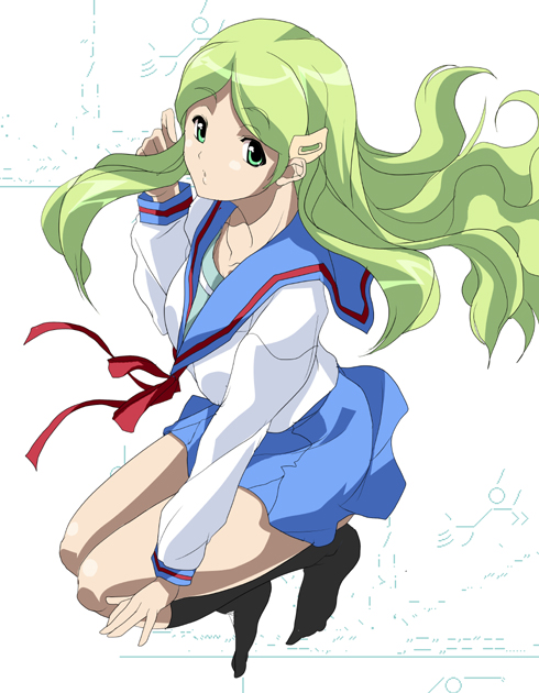 1girl, black_legwear, green_eyes, green_hair, kimidori_emiri, kneehighs, long_hair, long_sleeves
