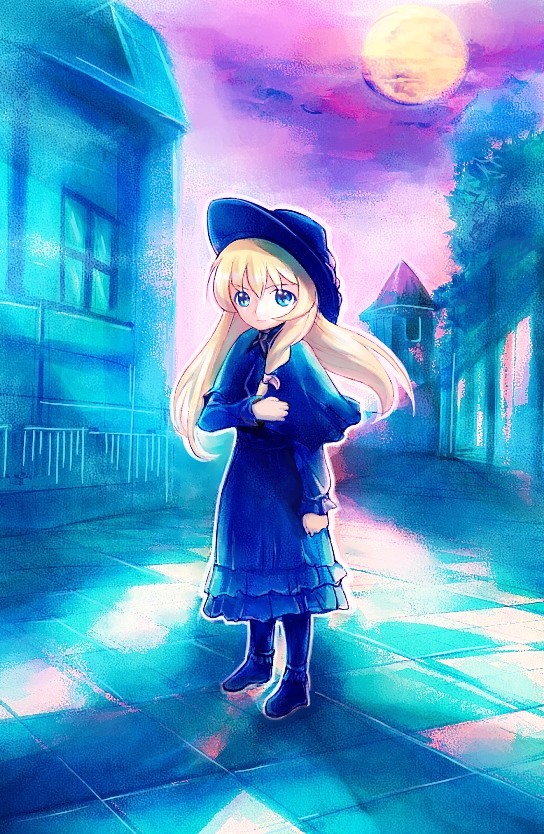 1girl, blonde_hair, blue_eyes, boots, cosette, cosette_tholomyes, dress, full_moon, les_miserables, long_hair, looking_at_viewer, moon, night, nippon_animation, osamu, solo, tiles, world_masterpiece_theater