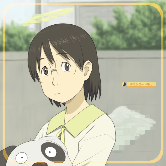 angel_wings, brown_eyes, brown_hair, dennou_coil, densuke, glasses, haibane_renmei, halo