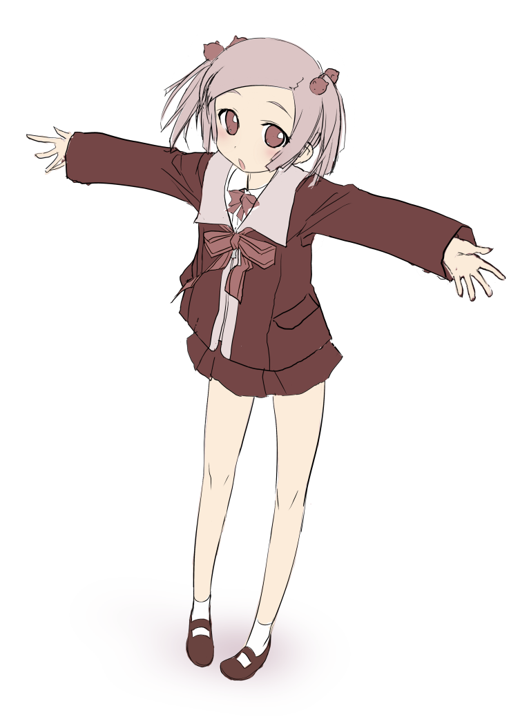 1girl, brown_eyes, brown_shoes, full_body, kokeshi_men, light_brown_hair, open_mouth, outstretched_arms