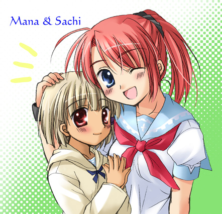 2girls, 5pb., blonde_hair, blue_eyes, koyuki_(2smj), koyuki_(artist), lowres, mana_(sharin_no_kuni)