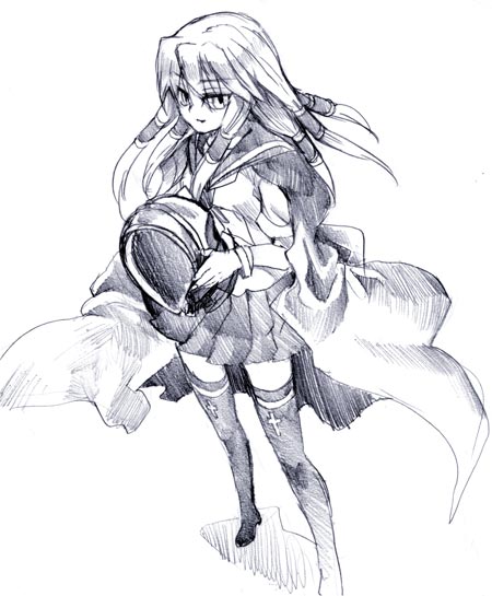 1girl, busou_renkin, cape, helmet, long_hair, monochrome, school_uniform, serafuku, skirt, solo, tenkuu_sphere, thigh-highs, victoria, victoria_(busou_renkin), zettai_ryouiki