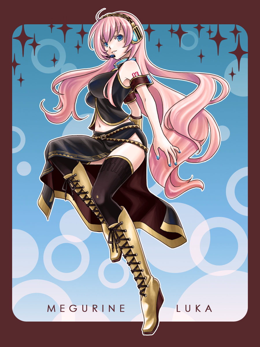 asami_(pixiv866), asami_(undoundo), boots, breasts, headset, highres, knee_boots, long_hair, megurine_luka, midriff, nail_polish, pink_hair, thigh-highs, thighhighs, very_long_hair, vocaloid