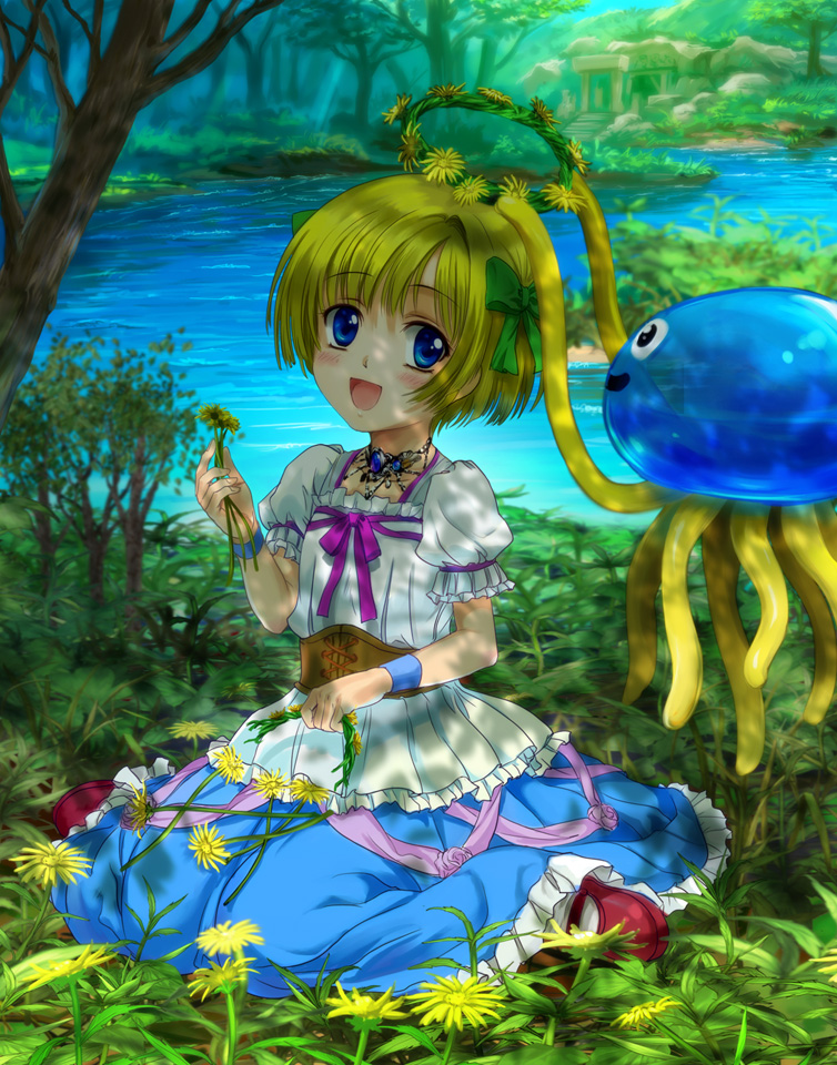 1girl, :d, bianca's_daughter, blonde_hair, blue, blue_eyes, blush, bob_cut, bow, child, corset, dandelion, dappled_sunlight, dragon_quest, dragon_quest_v, dress, flat_chest, flower, flying, forest, frills, hair_bow, happy, head_wreath, hoimi_slime, jellyfish, jewelry, mary_janes, mutsuki_(moonknives), nature, necklace, on_ground, open_mouth, outdoors, ribbon, rose, shade, shoes, short_hair, sitting, smile, socks, solo, sunlight, tentacle, tree, tree_shade, wariza, water, wristband