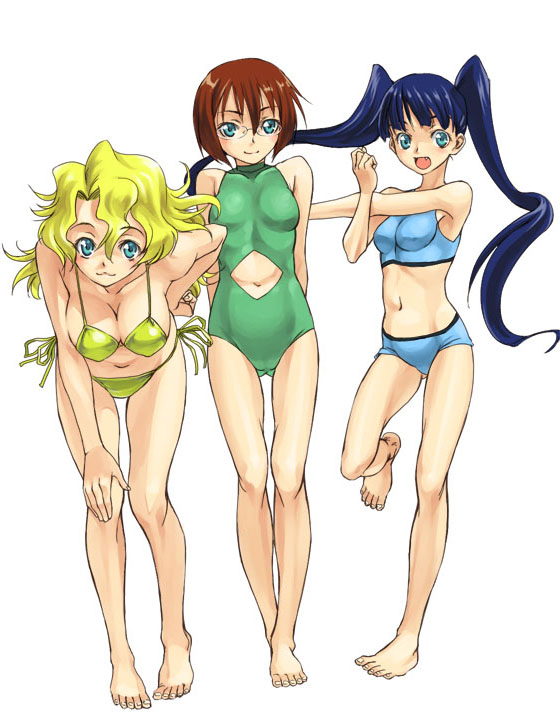 3girls, :3, aqua_eyes, barefoot, bent_over, bikini, blonde_hair, blue_eyes, blue_hair, breasts, brown_hair, cleavage, fang, feet, glasses, kinon, kiyal, kiyoh, large_breasts, long_hair, medium_breasts, midriff, multiple_girls, satou_atsuki, short_hair, siblings, side-tie_bikini, sisters, swimsuit, tengen_toppa_gurren_lagann, twintails