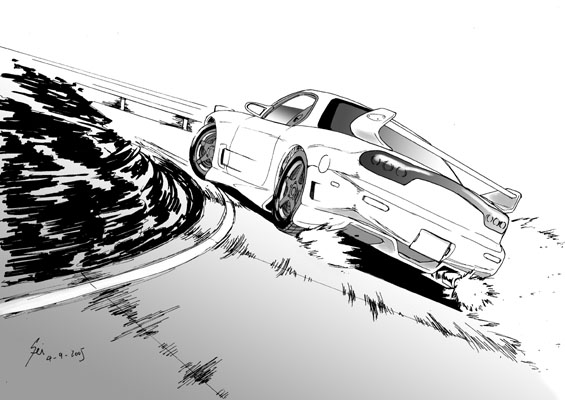 car, fd3s, fei_(maidoll), ground_vehicle, mazda, mazda_rx-7, monochrome, motor_vehicle