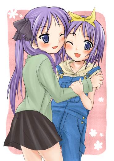2girls, ;d, black_skirt, blue_eyes, blush, border, cowboy_shot, hiiragi_kagami, hiiragi_tsukasa, long_hair, long_sleeves, lucky_star, multiple_girls, one_eye_closed, open_mouth, overalls, pleated_skirt, purple_hair, short_hair, siblings, sisters, skirt, smile, standing, sweater, twins, yuki_mashiro
