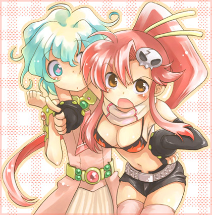 +_+, 2girls, belt, bikini_top, black_gloves, blush, breasts, cleavage, cowboy_shot, fingerless_gloves, gloves, green_eyes, green_hair, hair_ornament, hinata_nonoka, long_hair, looking_at_viewer, lowres, multiple_girls, navel, nia_teppelin, nonoka, open_mouth, orange_eyes, pink_legwear, pointing, ponytail, redhead, short_hair, short_shorts, shorts, skull_hair_ornament, tengen_toppa_gurren_lagann, thigh-highs, yoko_littner