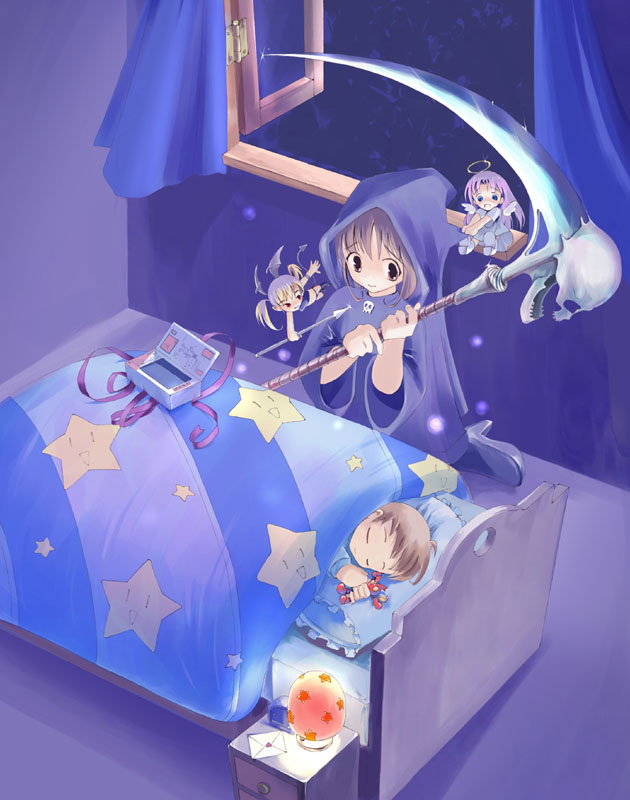 1girl, angel, angel_and_devil, bed, bedroom, birthday, child, death_(entity)