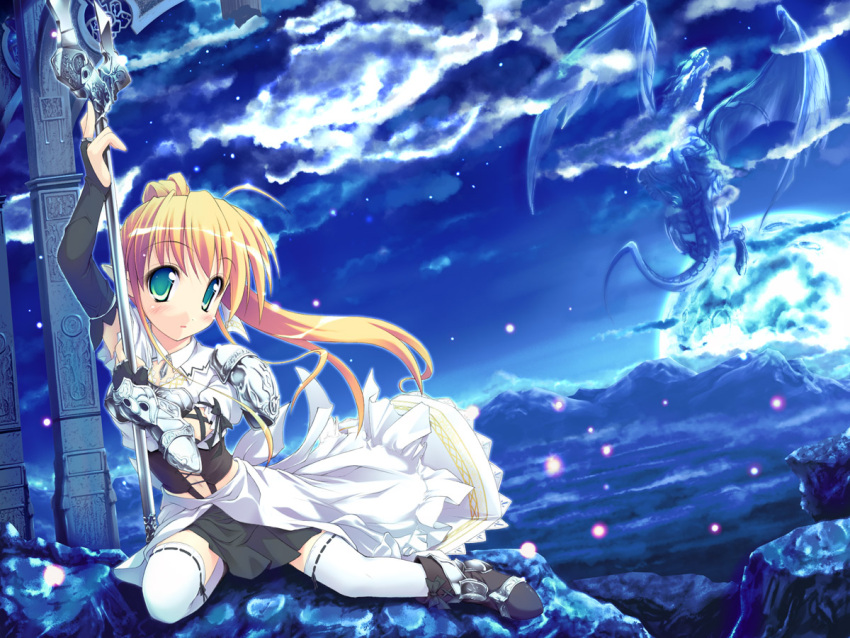 dragon, fantasy, onsokuzekuu, sky, thigh-highs, zettai_ryouiki