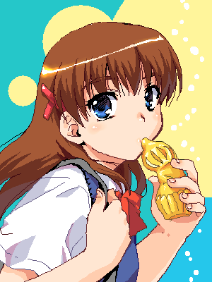 00s, 1girl, blue_eyes, bow, bowtie, brown_hair, holding, long_hair