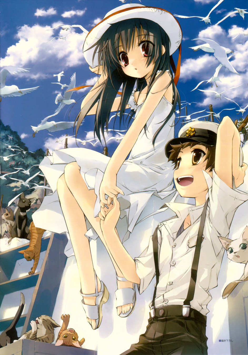 1boy, 1girl, bird, cat, dress, gotou_nao, hat, highres