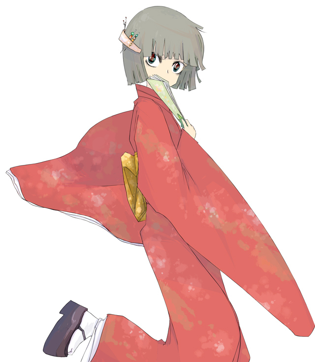 1girl, japanese_clothes, keida_riiko, kimono, looking_back, original, simple_background, solo