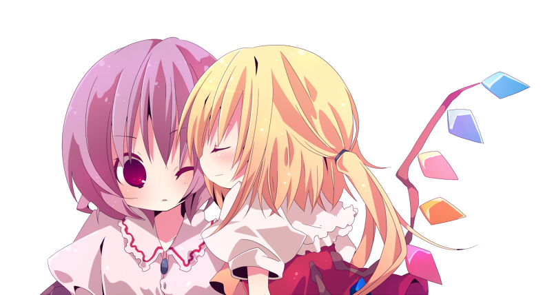 2girls, ana_(artist), ana_(rznuscrf), blonde_hair, blush, closed_eyes, female, flandre_scarlet