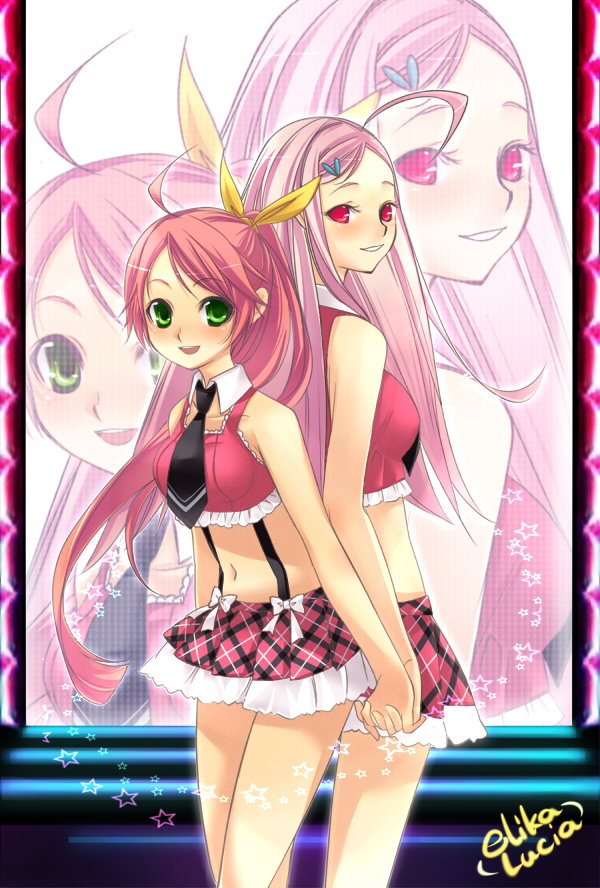 2girls, blush, chirol85, hana, hana_(pangya), lucia, lucia_(pangya), mato_(chirol), multiple_girls, pangya, pink, ponytail, ribbon, smile, zoom_layer