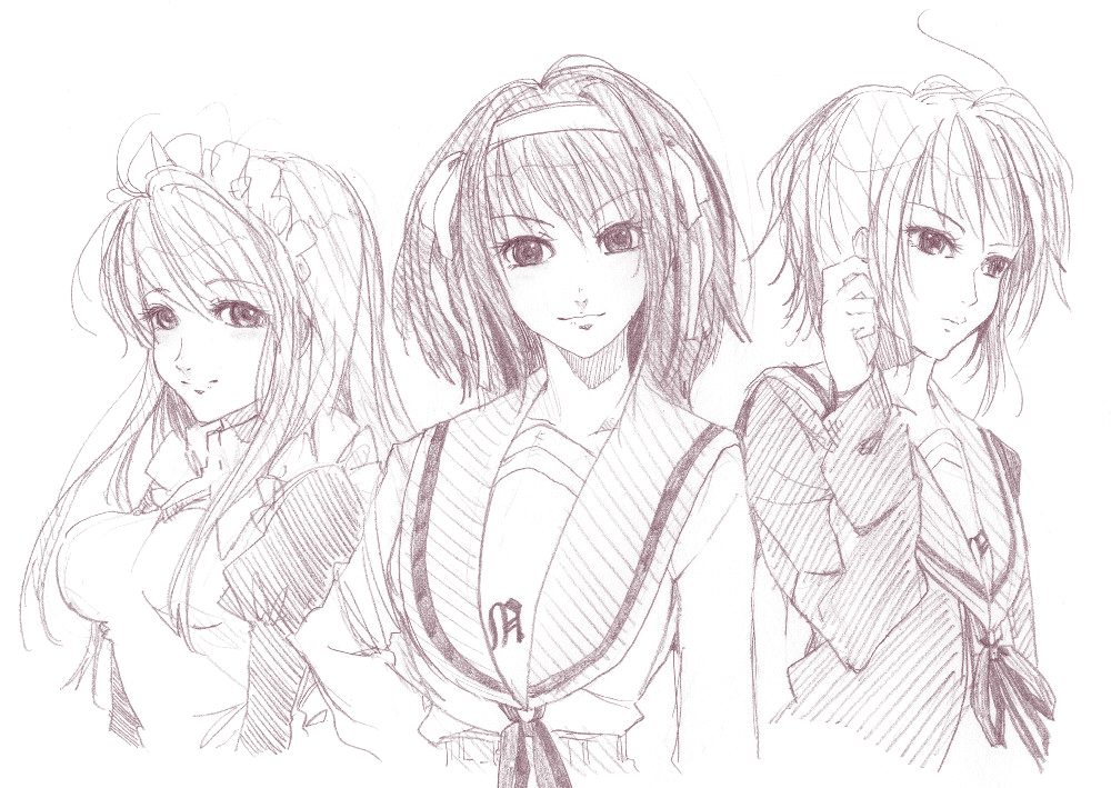 3girls, asahina_mikuru, monochrome, multiple_girls, nagato_yuki, purple, school_uniform, serafuku
