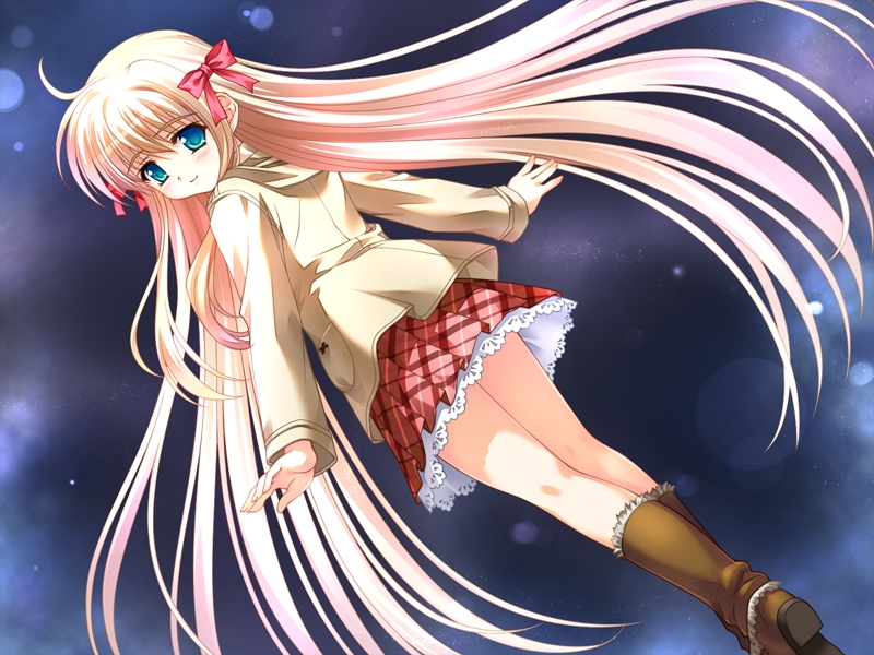 blonde_hair, dutch_angle, game_cg, green_eyes, hair_ribbon, hoodie, long_hair, looking_back