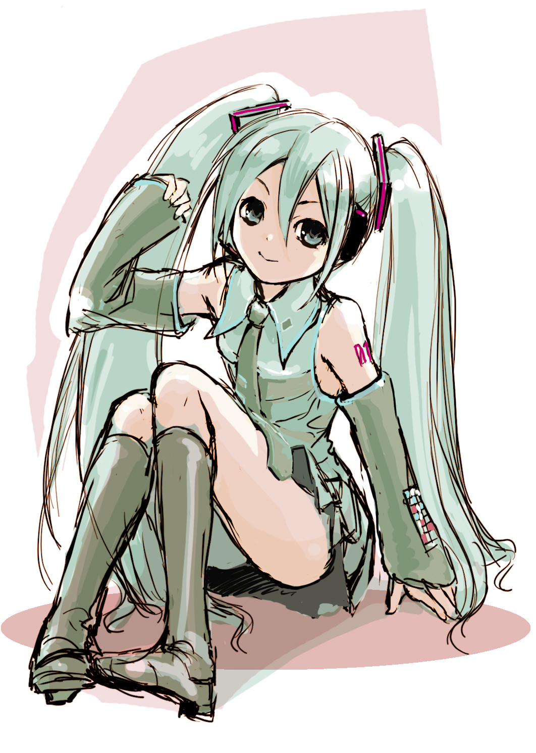 aqua_hair, detached_sleeves, hatsune_miku, headphones, highres, hiroki_kusumoto, long_hair, necktie
