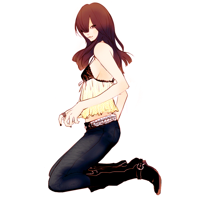 1girl, bad_id, belt, black_nails, boots, brown_hair, denim, fashion, hair_over_one_eye, igatz, jeans, jewelry, kneeling, lingerie, long_hair, nail_polish, negligee, pants, ring, solo, studded_belt, takenaka, underwear