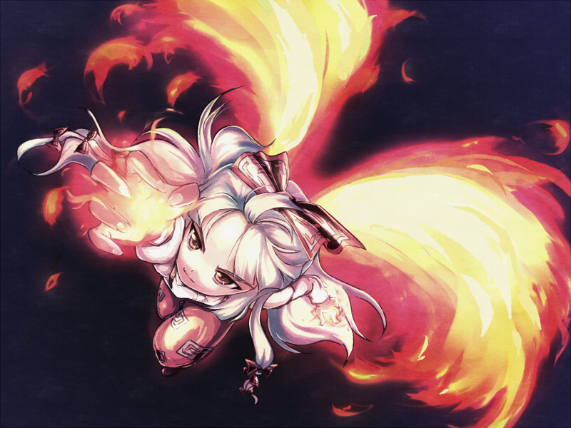1girl, element_bender, female, fiery_wings, fire, fujiwara_no_mokou, long_hair, ribbon