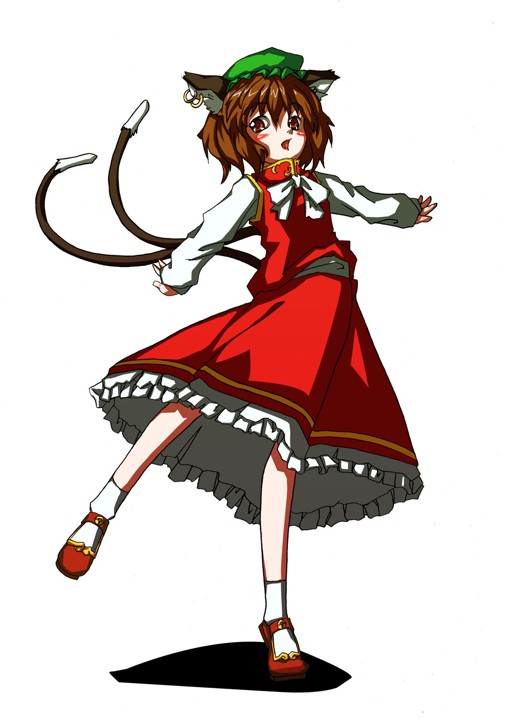1girl, animal_ears, bad_id, cat_ears, cat_tail, chen, chiko2, china_dress, chinese_clothes, earrings, female, full_body, hat, highres, jewelry, short_hair, simple_background, skirt, solo, tail, touhou, white_background