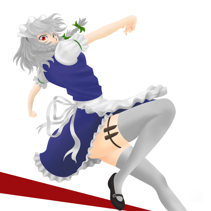 1girl, braid, female, izayoi_sakuya, maid, red_eyes, silver_hair, solo