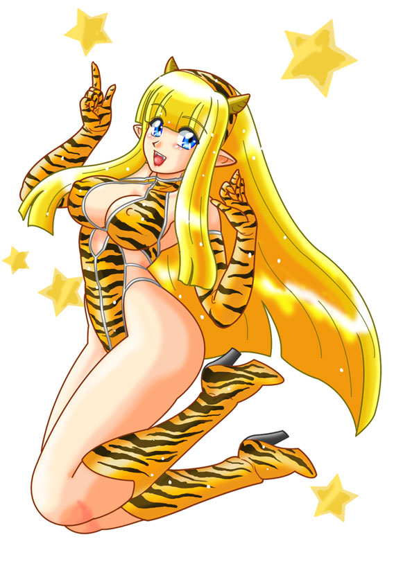 bangs, blonde_hair, blue_eyes, blunt_bangs, boots, elbow_gloves, fang, fangs, gloves, highleg, highleg_leotard, hime_cut, horns, leotard, long_hair, original, pointy_ears, princess_cut, setsubun, star, swimsuit, tiger_print