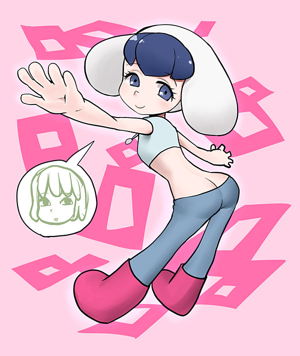 1girl, ass, back, blue_eyes, blue_hair, blush, boots, butt_crack