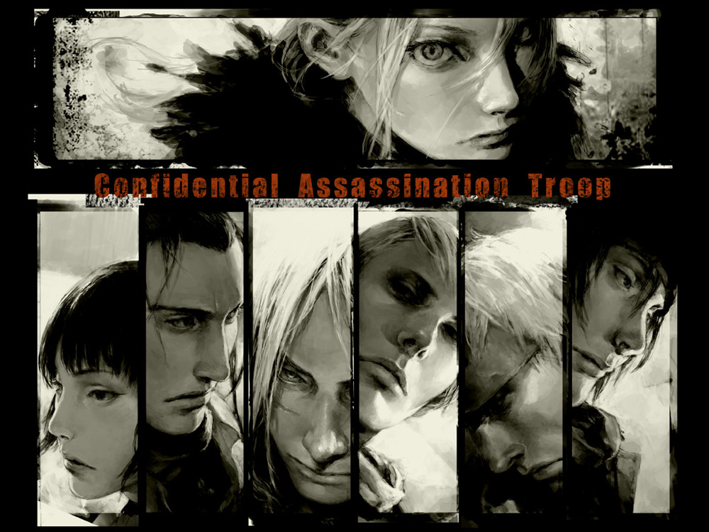 2girls, 5boys, cat_(confidential_assassination_troop), confidential_assassination_troop, everyone, fcp, monochrome, multiple_boys