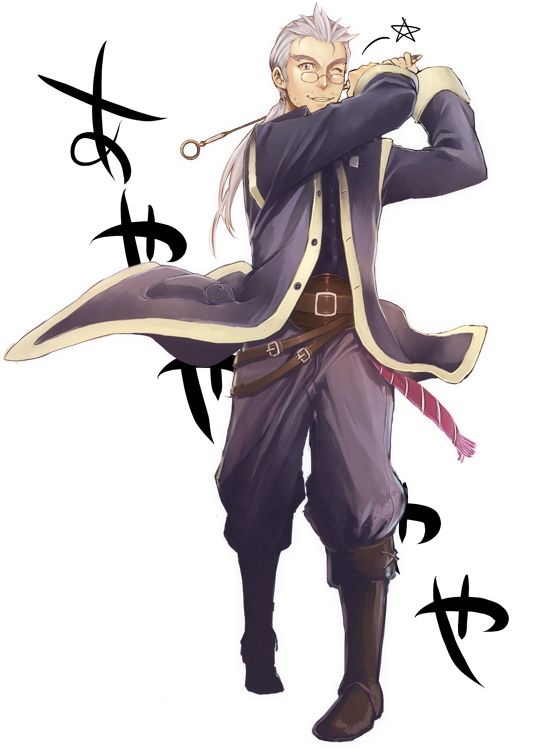 1boy, arms_up, belt, boots, brown_boots, buckle, buriki, druaga_no_tou, full_body, glasses, holding, jacket, knee_boots, long_hair, long_sleeves, looking_at_viewer, male_focus, melt_(druaga), melt_(tower_of_druaga), open_clothes, open_jacket, pants, ponytail, short_hair, silver_hair, simple_background, solo, standing, unbuttoned, uniform, very_short_hair, white_background, white_hair, wink