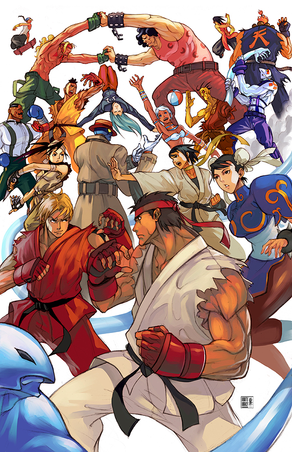 4girls, 6+boys, 90s, alex_(street_fighter), bad_id, breasts, bun_cover, capcom