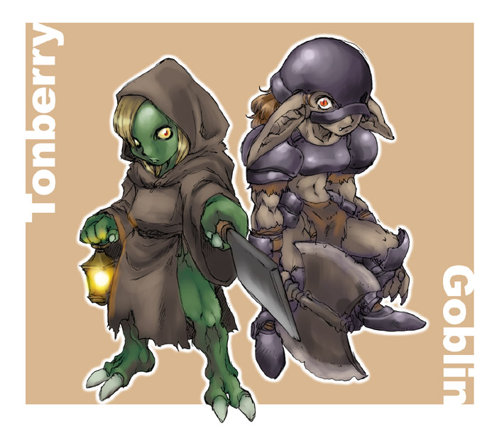 2girls, armor, axe, blonde_hair, brown_background, brown_hair, character_name, claws