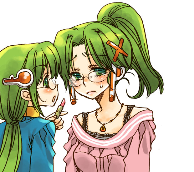 1boy, 1girl, blush, glasses, green_eyes, green_hair, homeko, homeo