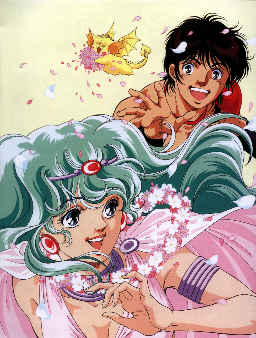 80s, absurdres, black_hair, blue_eyes, green_hair, hakeshi, happy, highres