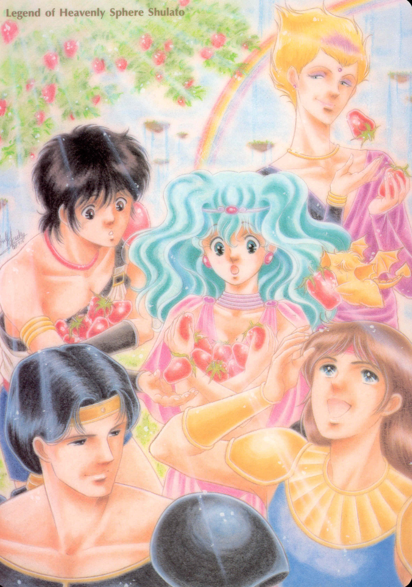 1girl, 4boys, 80s, absurdres, black_hair, blonde_hair, food, fruit