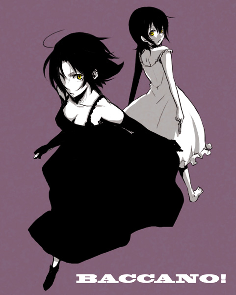 2girls, ahoge, baccano!, back-to-back, barefoot, breasts, chane_laforet, cleavage