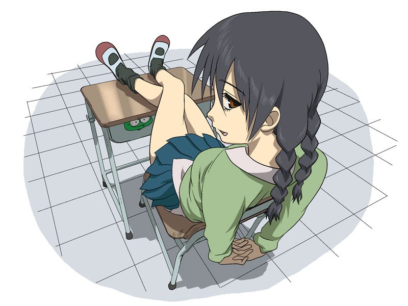 1girl, bad_id, black_hair, braid, brown_eyes, bulging_eyes, desk, feet_on_table, footwear, foreshortening, legs, loose_socks, original, peeking, rokusho, school_desk, sitting, skirt, socks, solo, twin_braids