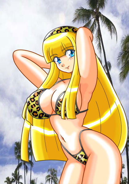 bad, bangs, bikini, blonde_hair, blue_eyes, blunt_bangs, breasts, hairband