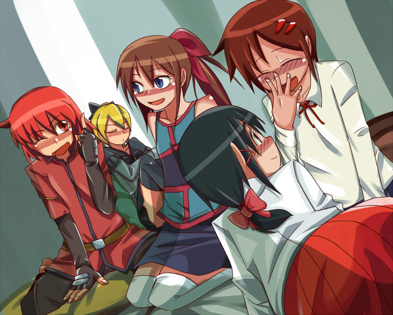 5girls, asha_(silent_desire), black_hair, blonde_hair, blue_eyes, blush, bow, brown_hair, closed_eyes, demonophobia, fia_(hanakanmuri), fingerless_gloves, gloves, hair_ornament, hairclip, hanakanmuri, ichi_nichimiko, iyo_na, kaitou_shoujo, kunikai_sakuri, multiple_girls, one_eye_closed, ponytail, red_eyes, redhead, ribbon, school_uniform, serafuku, silent_desire, skirt, smile, soara_(kaitou_shoujo), thigh-highs, wink, zettai_ryouiki
