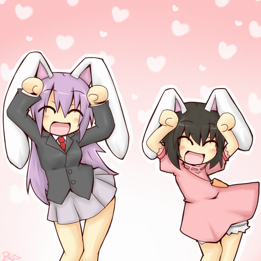 2girls, :d, ^_^, animal_ears, bad_id, bare_legs, black_hair, blush, caramelldansen, closed_eyes, dancing, female, happy, heart, inaba_tewi, jewelry, long_hair, multiple_girls, necklace, necktie, open_mouth, pleated_skirt, purple_hair, rabbit_ears, reisen_udongein_inaba, reku, rex_(artist), short_hair, skirt, smile, touhou