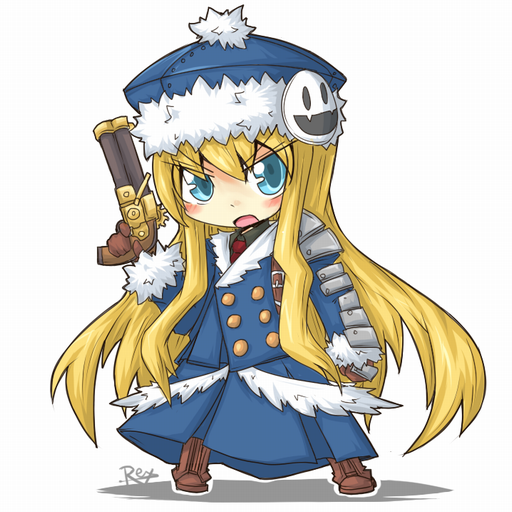 1girl, atlus, bad_id, blonde_hair, chibi, gun, gunner, hat