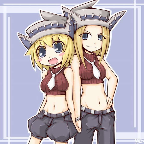 bad_id, bare_shoulders, blonde_hair, blue_eyes, elizabeth_thompson, hand_holding, hat, midriff, necktie, patricia_thompson, reku, rex_(artist), shorts, siblings, sisters, sleeveless, sleeveless_turtleneck, soul_eater, turtleneck