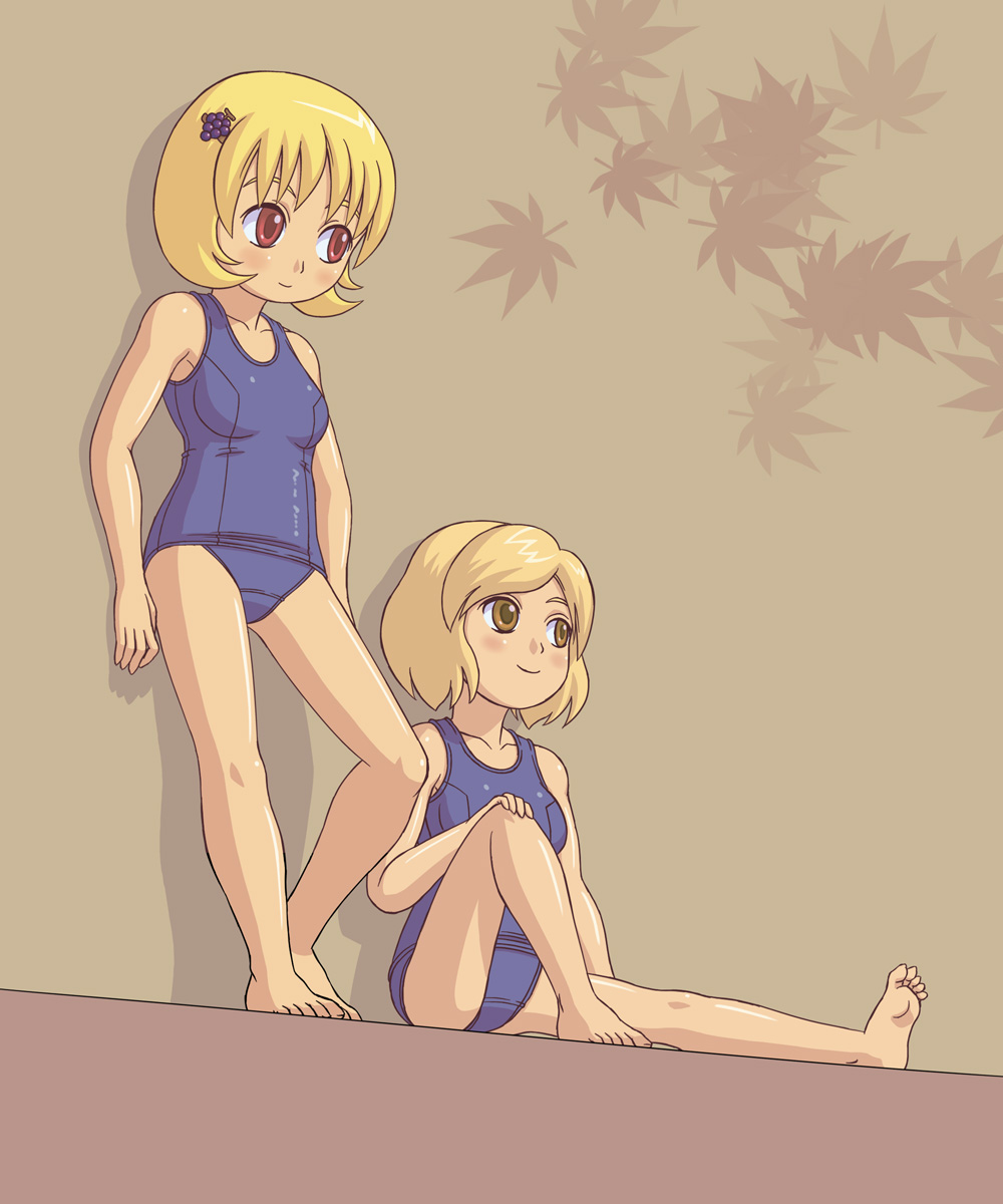 2girls, aki_minoriko, aki_shizuha, bad_id, barefoot, blonde_hair, brown_eyes, feet