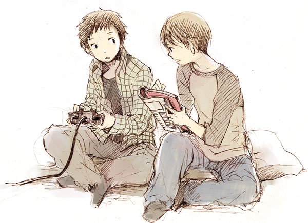 2boys, bad_id, console, controller, game, game_console, game_controller, male_focus, multiple_boys, playing_games, raglan_sleeves, sketch, video_game, wakana_(artist), wakana_(nagomoo)