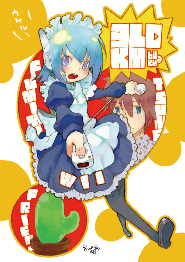 1boy, 1girl, 3ldkm, big_zam, black_legwear, blue_hair, blush, cactus