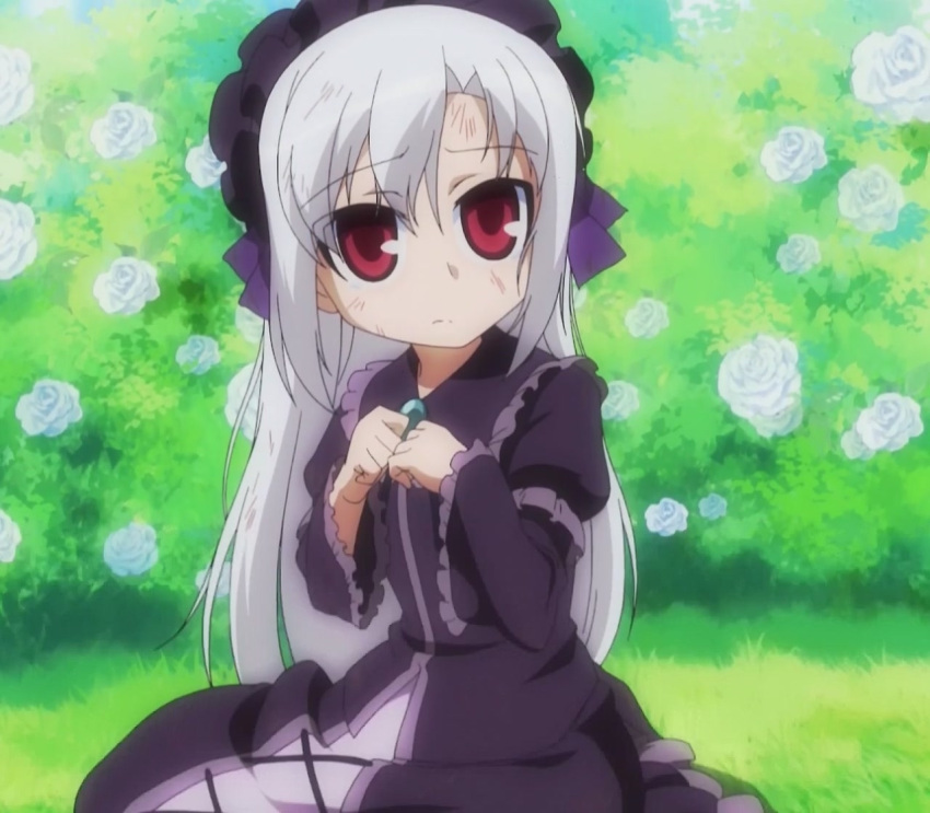 1girl, albino, bonnet, dress, flower, frilled_dress, frills, gothic_lolita